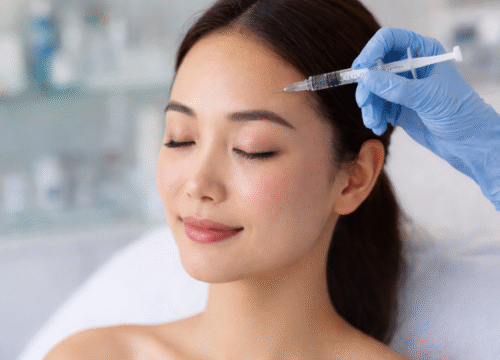 Gloved hand holding a syringe near a person’s forehead while the person’s eyes are closed