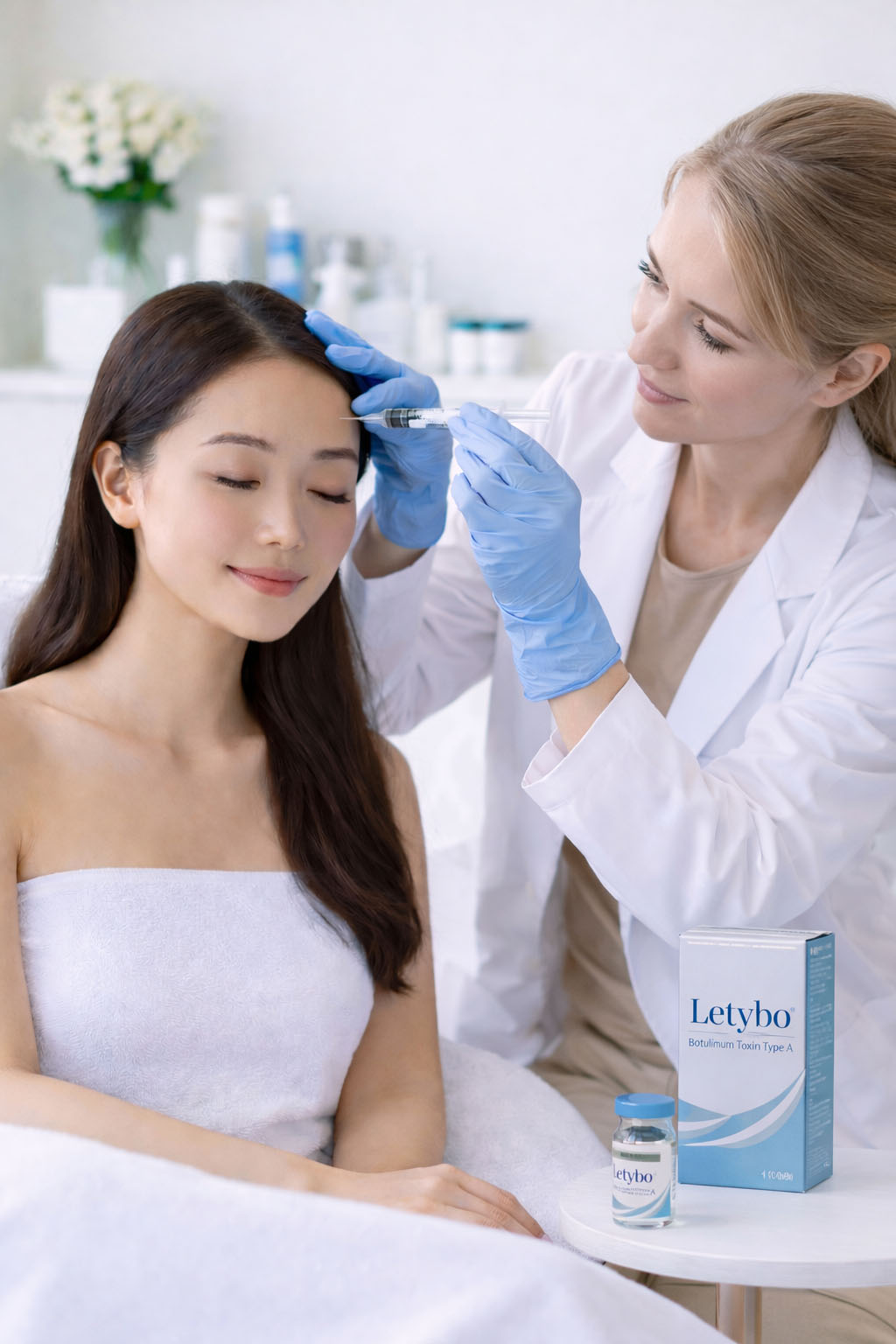 Clinician wearing gloves holds a syringe near a seated person’s forehead in a treatment room