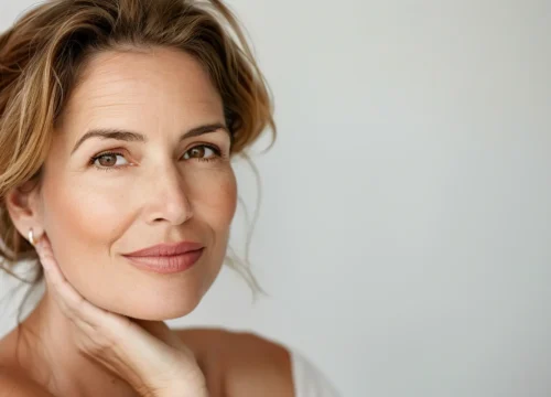 woman with short hair resting her hand on her neck looking toward the camera