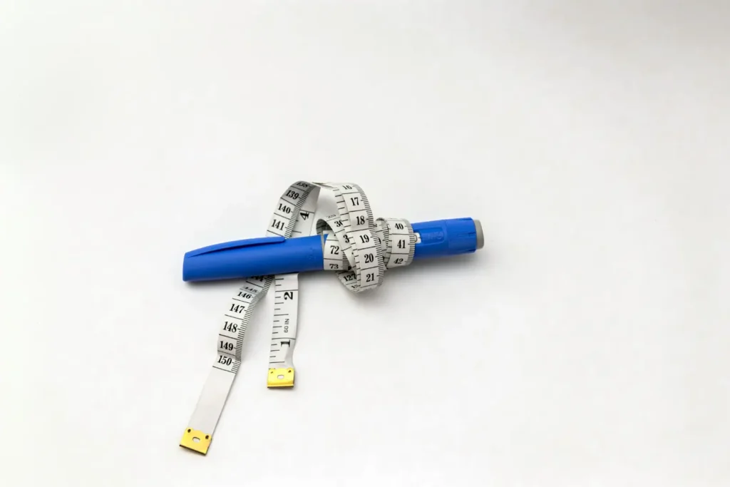 Measuring tape wrapped around a blue GLP-1 injection pen