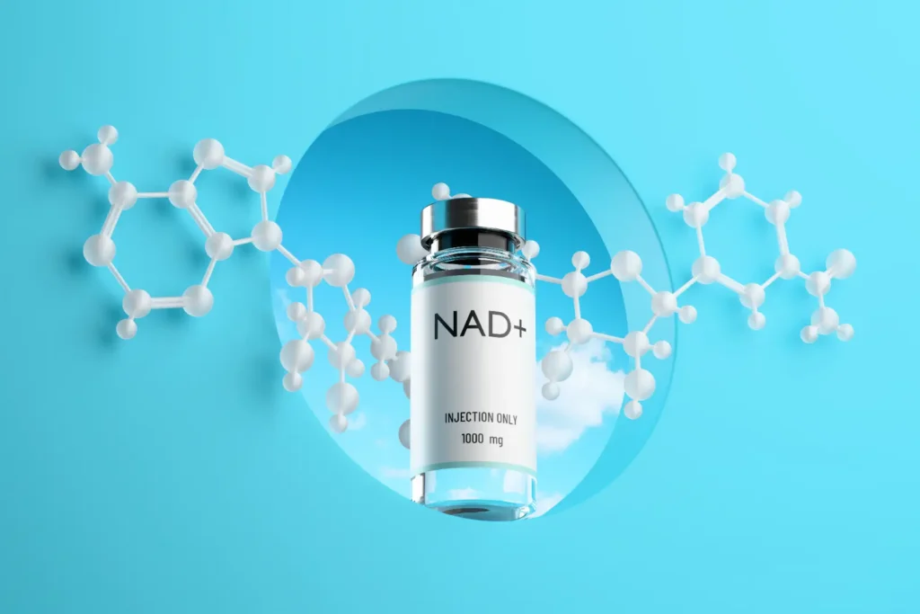 Illustration of NAD+ vial with molecular structures on blue background