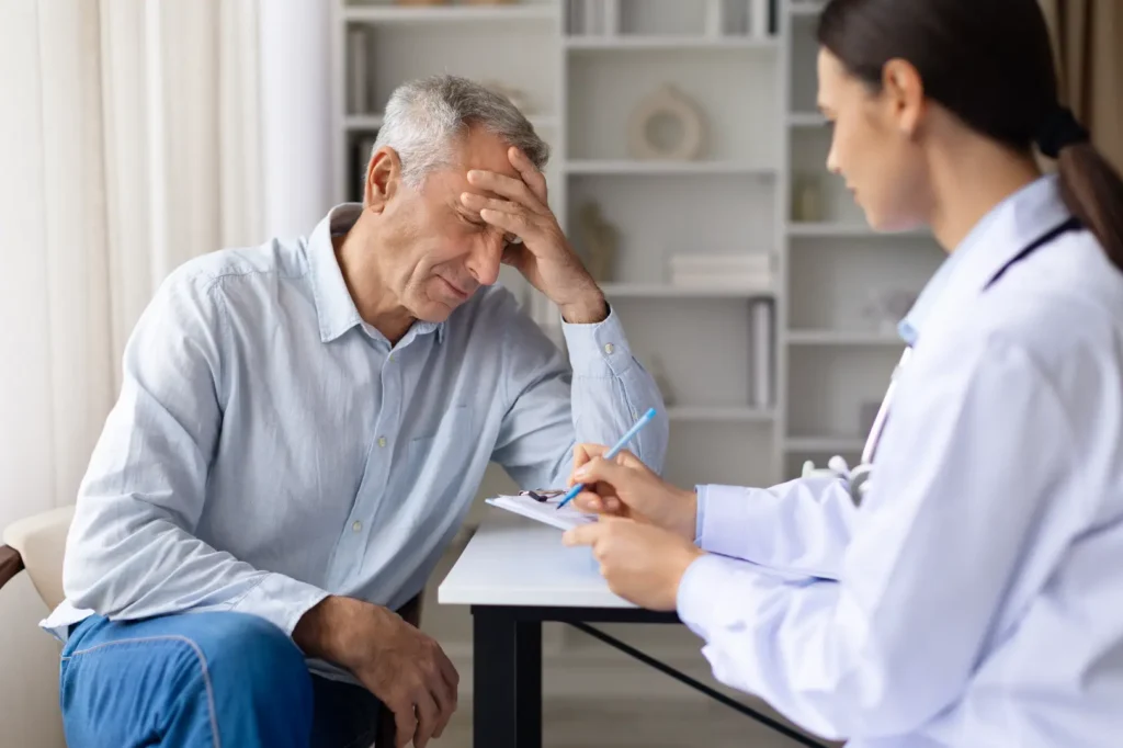 Doctor takes notes while an older man sits across from her with one hand resting on his forehead.