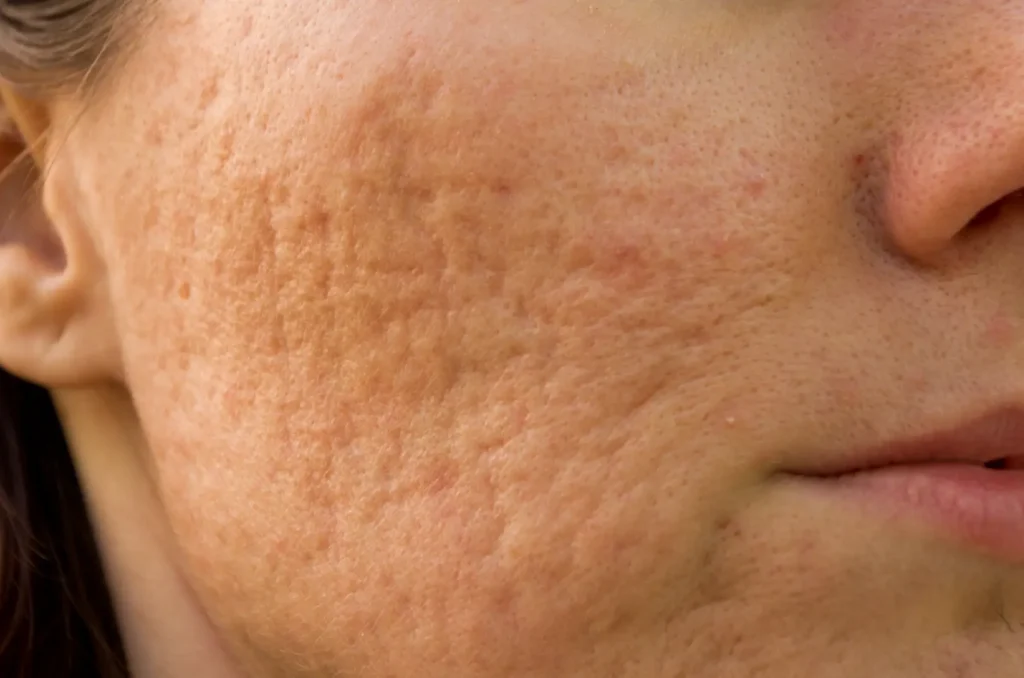 Close-up of a woman's cheek showing uneven skin texture, visible pores, and indented facial scarring.