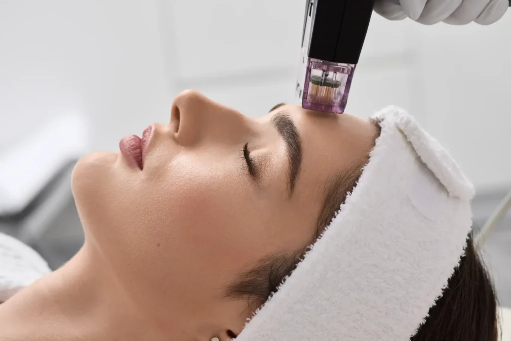Gloved hand holds a microneedling device against a woman’s forehead as she lies with her eyes closed.